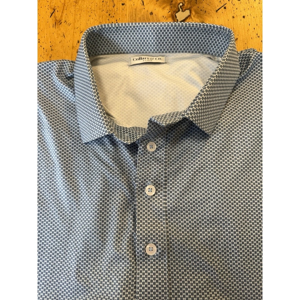 Collars & Co Dress Collar Polo Mens XL Performance Blue Geometric Print All Over - Picture 3 of 8